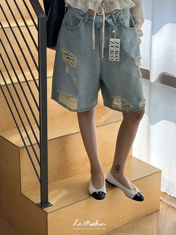 反摺牛仔割破五分褲